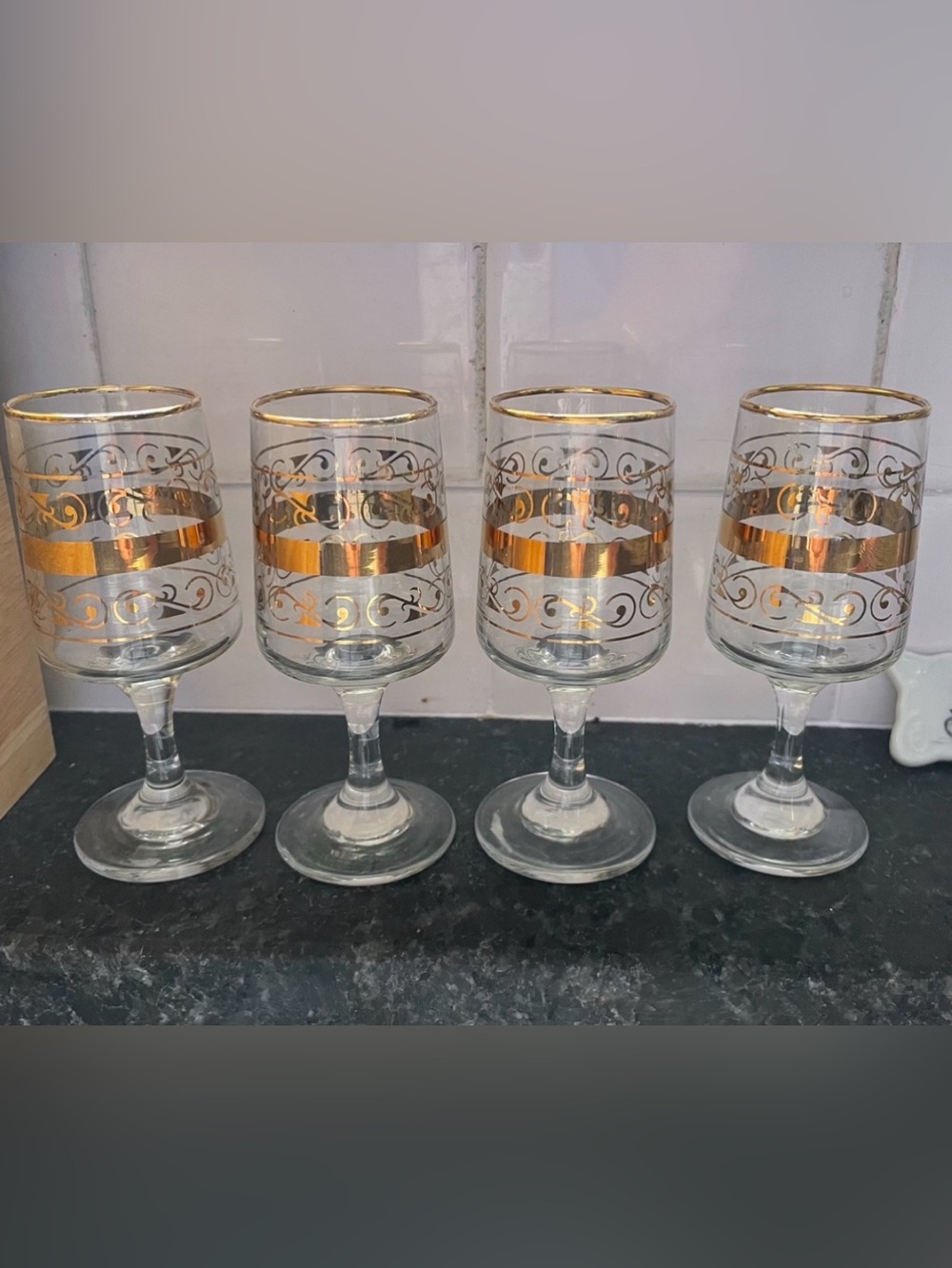 Vintage MCM Gold Filigree Sherry Port Glasses Gilt Edge Set